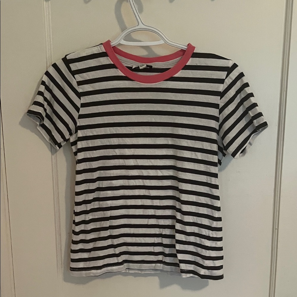 Frank & Oak Navy and White Striped Tee with Pink Collar